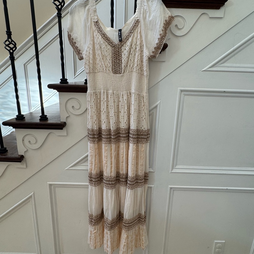 Cream Tiered Embroidered Maxi Dress with Brown Trim